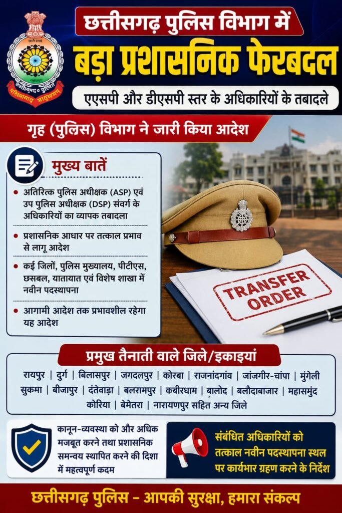 ब्रेकिंग : छत्तीसगढ़ पुलिस विभाग में बड़ा प्रशासनिक फेरबदल, एएसपी और डीएसपी स्तर के अधिकारियों के तबादले 18 छत्तीसगढ़ पुलिस